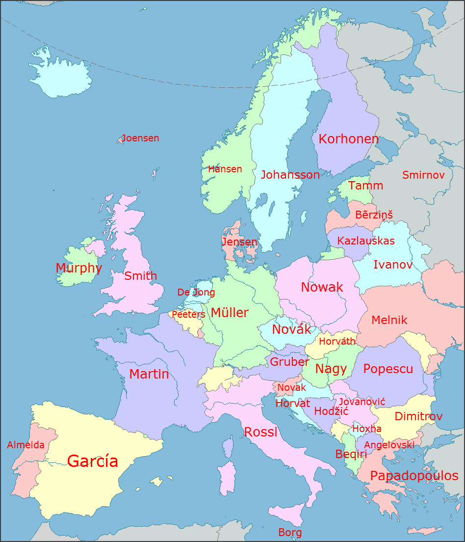 peta dunia nama orang yang paling sering digunakan di eropa